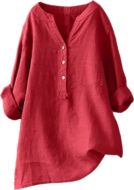 Linen Shirts for Women 3/4 Sleeve V Neck Blouses Buttons Plus Size Loose Fit T-Shirts Solid Color Summer Holiday Tops