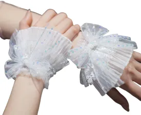 Lolita Lace Gloves White Bow Hand Sleeve Halloween Lolita Wrist Cuffs Sequin Bowknot Short Gloves Sleeves for Women Girls Halloween Masquerade Party Nightclub Wedding Decoration
