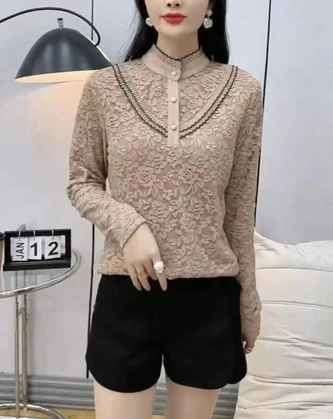 Long Sleeve Floral Lace Blouse #776608