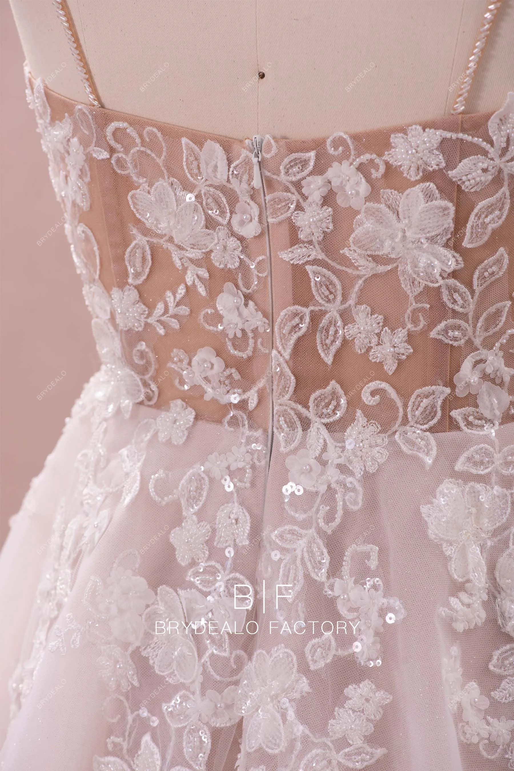 Long Train A-line Designer Lace Nude Beige Illusion Back Wedding Gown