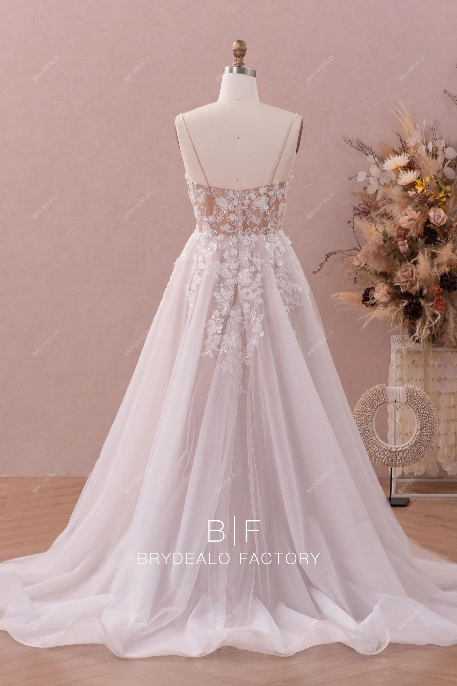 Long Train A-line Designer Lace Nude Beige Illusion Back Wedding Gown