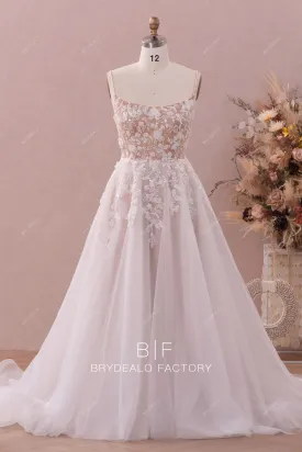 Long Train A-line Designer Lace Nude Beige Illusion Back Wedding Gown