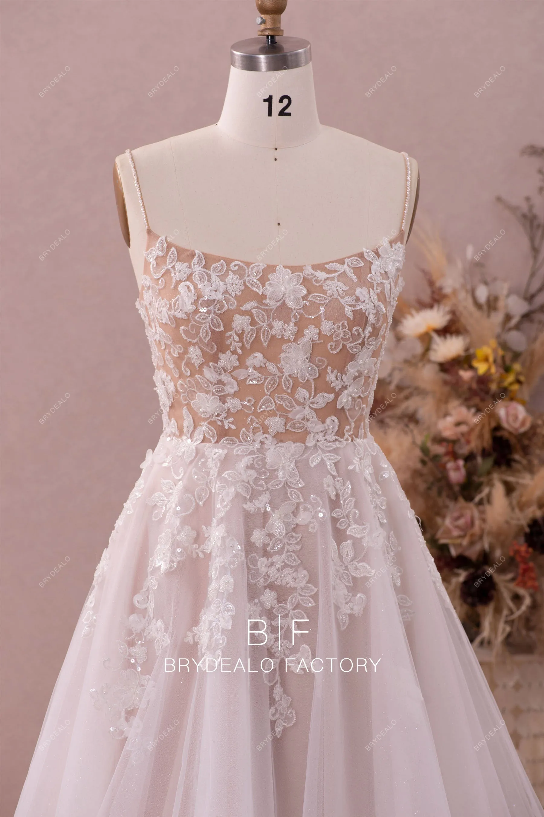 Long Train A-line Designer Lace Nude Beige Illusion Back Wedding Gown