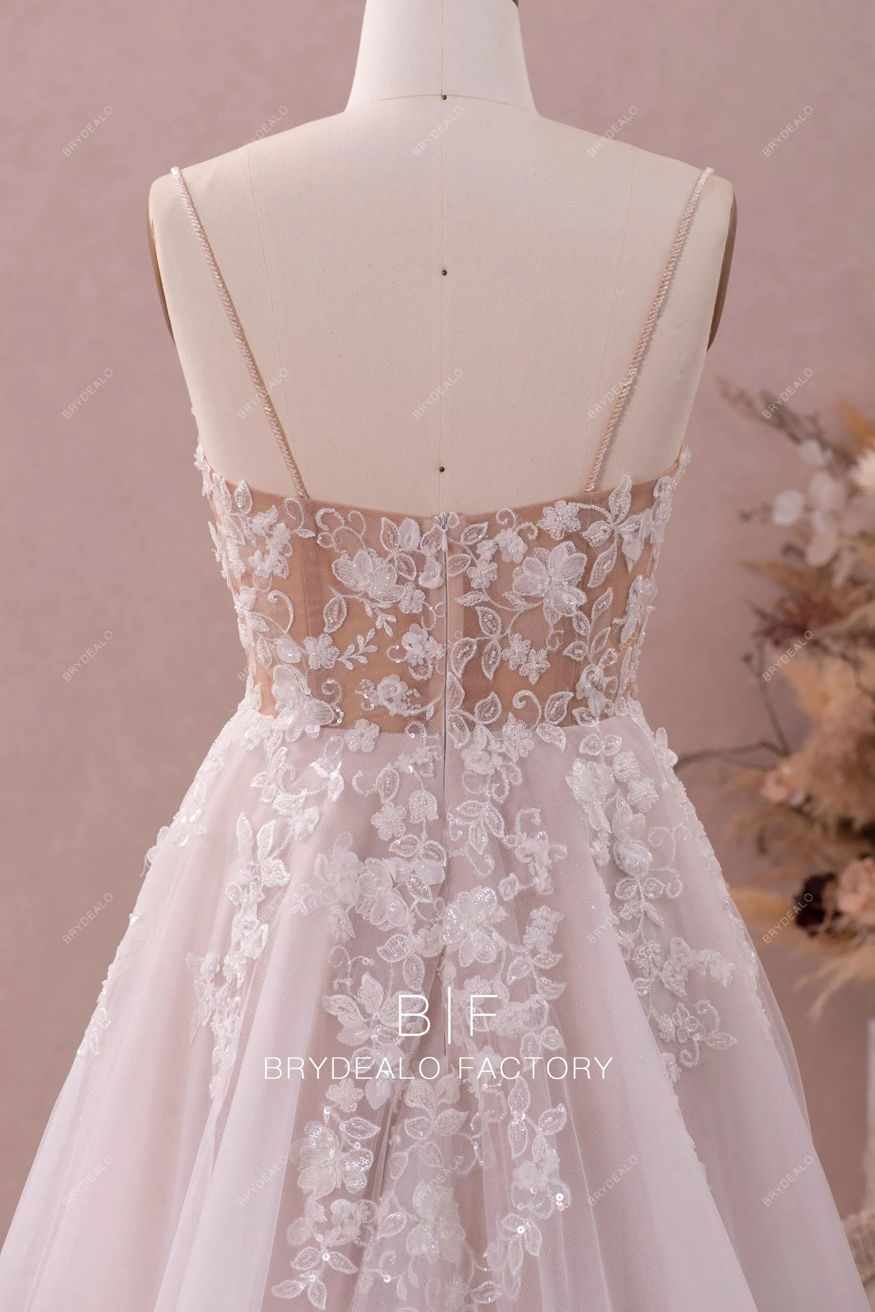 Long Train A-line Designer Lace Nude Beige Illusion Back Wedding Gown