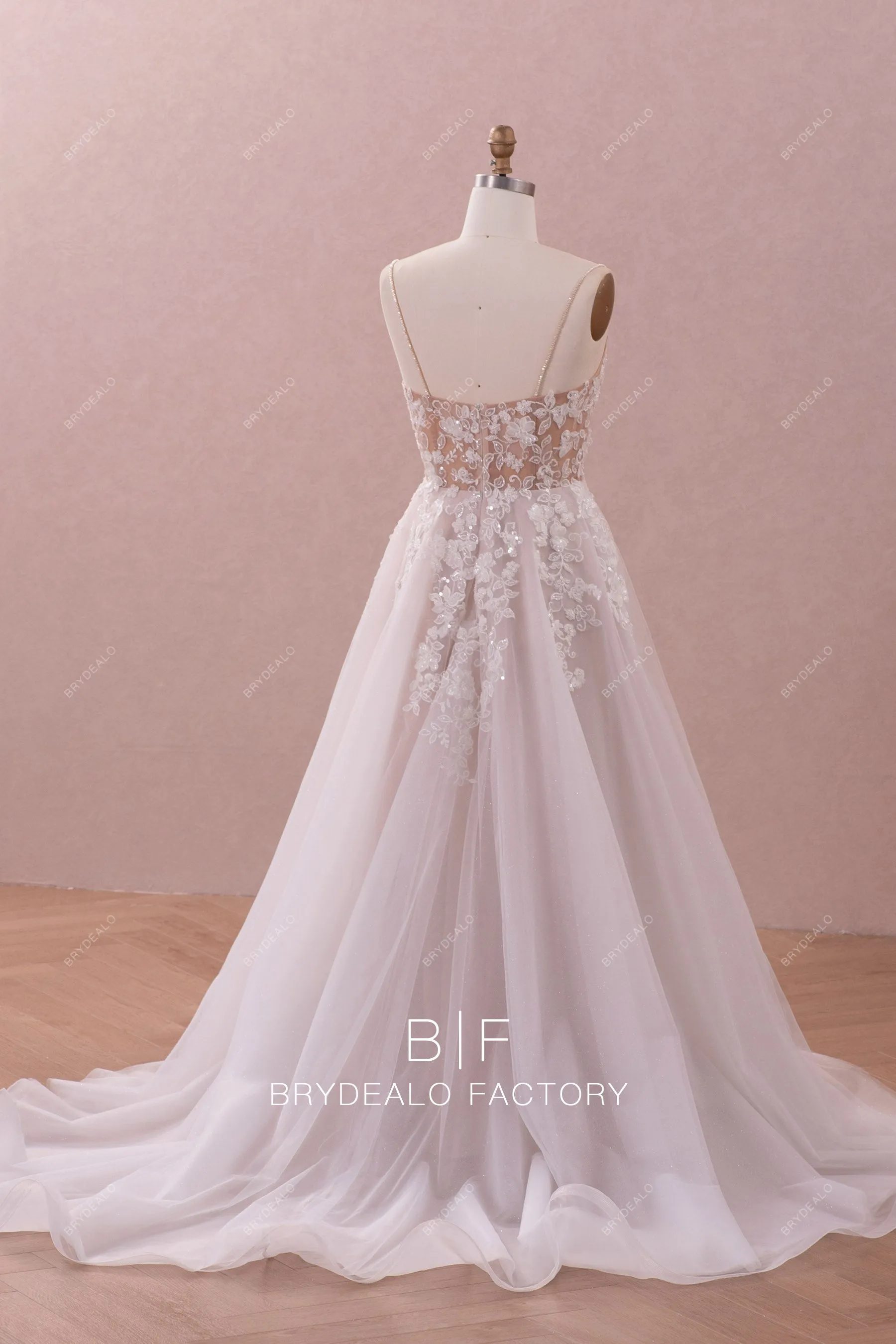 Long Train A-line Designer Lace Nude Beige Illusion Back Wedding Gown