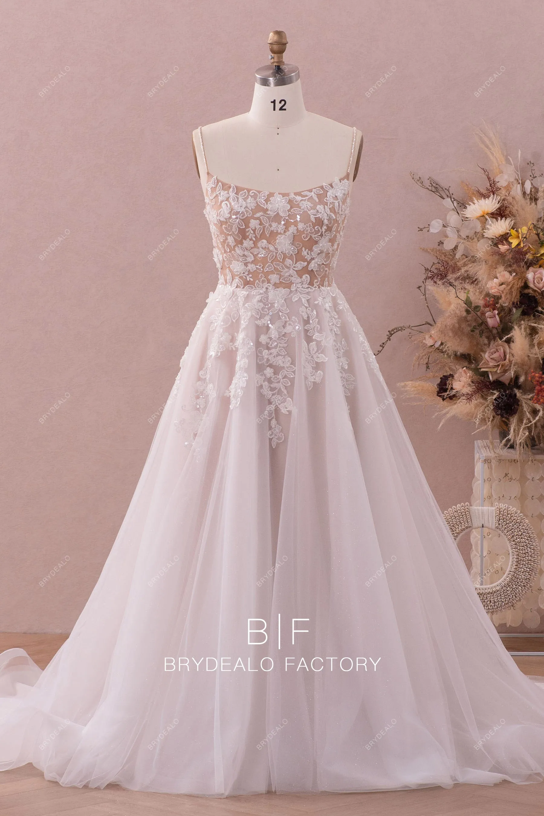 Long Train A-line Designer Lace Nude Beige Illusion Back Wedding Gown