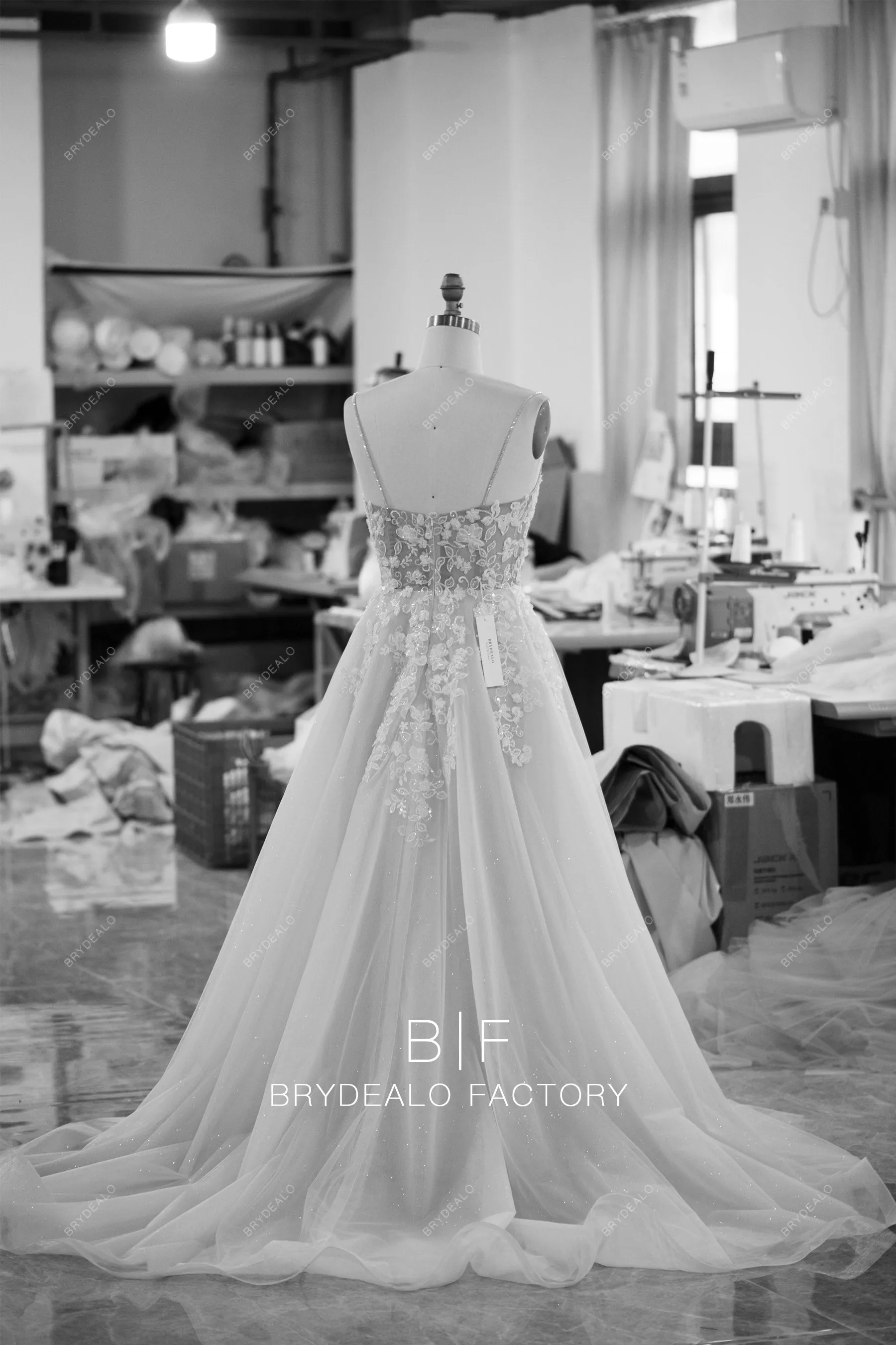 Long Train A-line Designer Lace Nude Beige Illusion Back Wedding Gown