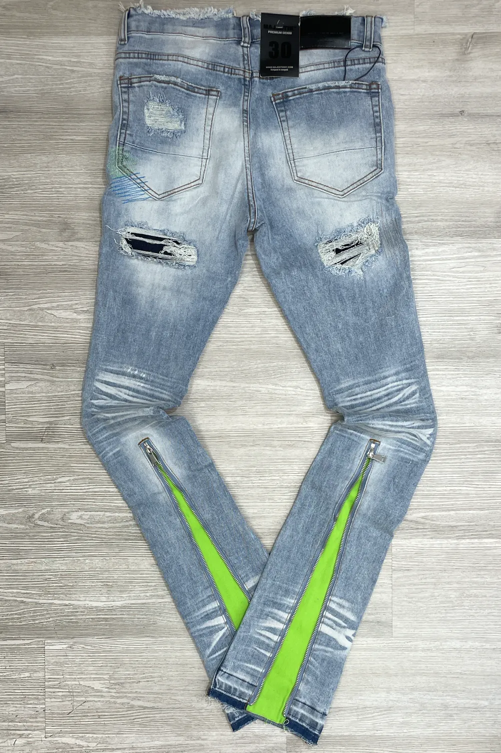 Majestik- mens rip an repair stacked denim w/ vertical zipper ( light blue)