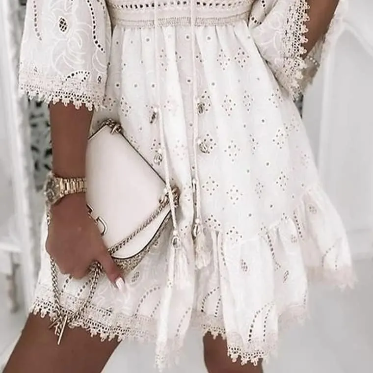 MARSVOVO Women Princess Mini Dress Solid Color Deep V Neck White Lace Dresses Casual Summer Lotus Leaf Sleeve Beach Dress