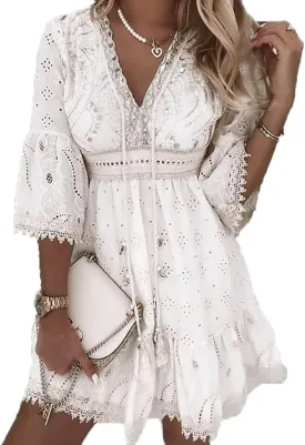 MARSVOVO Women Princess Mini Dress Solid Color Deep V Neck White Lace Dresses Casual Summer Lotus Leaf Sleeve Beach Dress