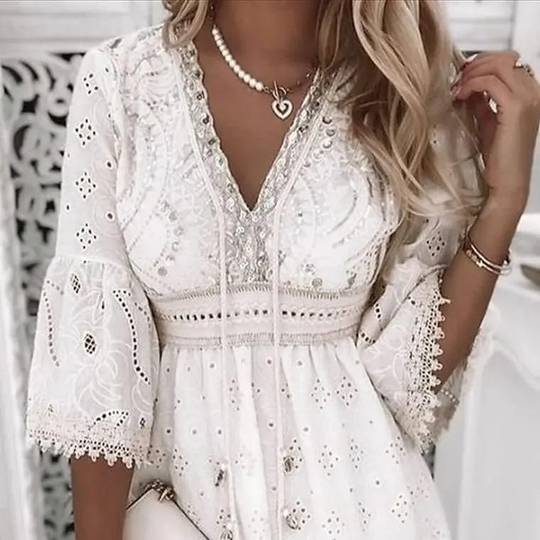 MARSVOVO Women Princess Mini Dress Solid Color Deep V Neck White Lace Dresses Casual Summer Lotus Leaf Sleeve Beach Dress