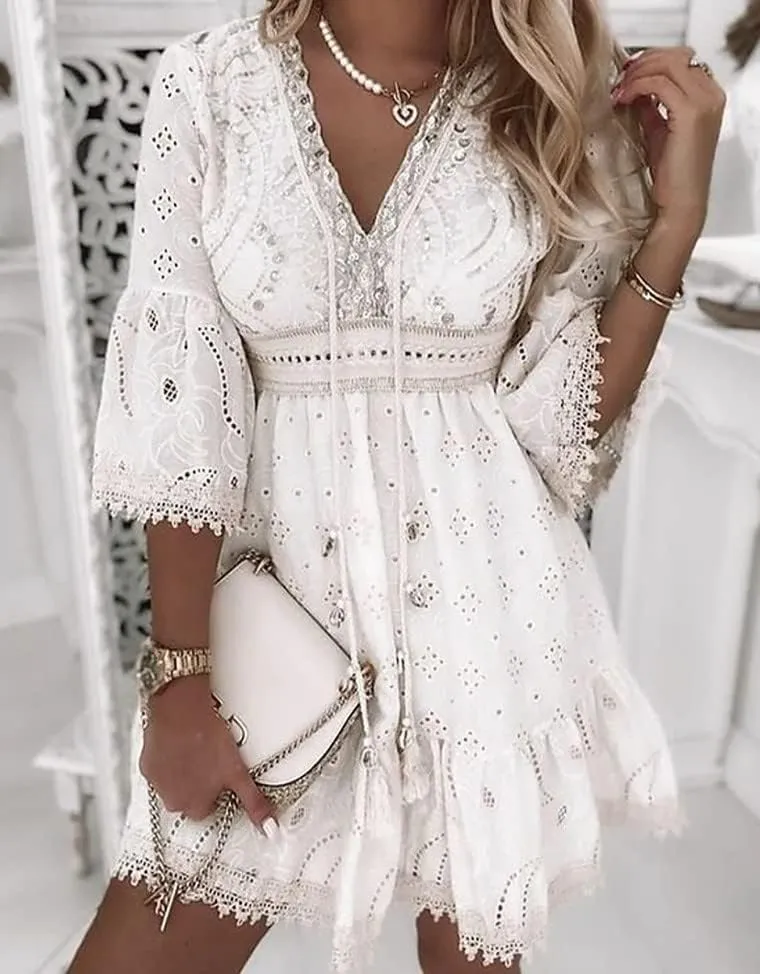 MARSVOVO Women Princess Mini Dress Solid Color Deep V Neck White Lace Dresses Casual Summer Lotus Leaf Sleeve Beach Dress