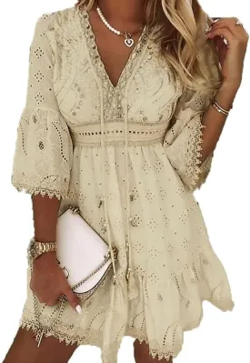MARSVOVO Women Princess Mini Dress Solid Color Deep V Neck White Lace Dresses Casual Summer Lotus Leaf Sleeve Beach Dress