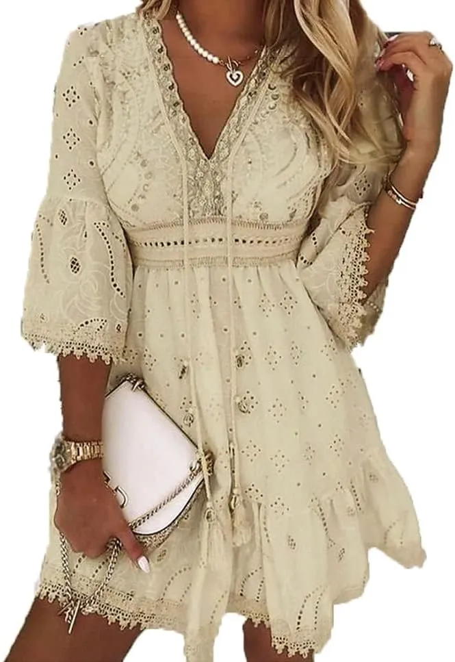 MARSVOVO Women Princess Mini Dress Solid Color Deep V Neck White Lace Dresses Casual Summer Lotus Leaf Sleeve Beach Dress
