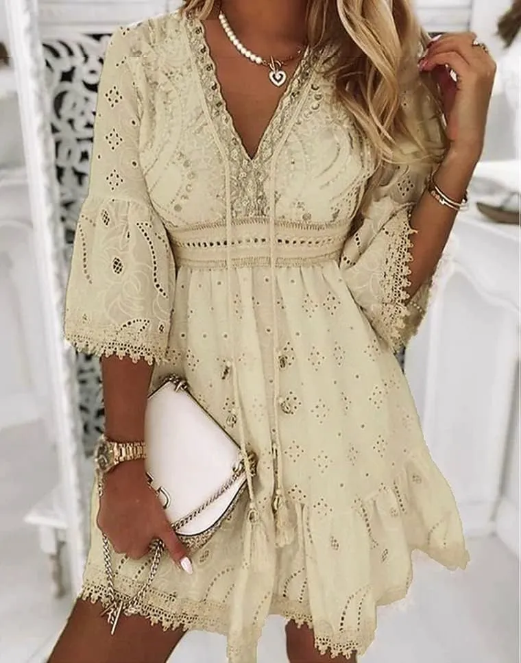 MARSVOVO Women Princess Mini Dress Solid Color Deep V Neck White Lace Dresses Casual Summer Lotus Leaf Sleeve Beach Dress
