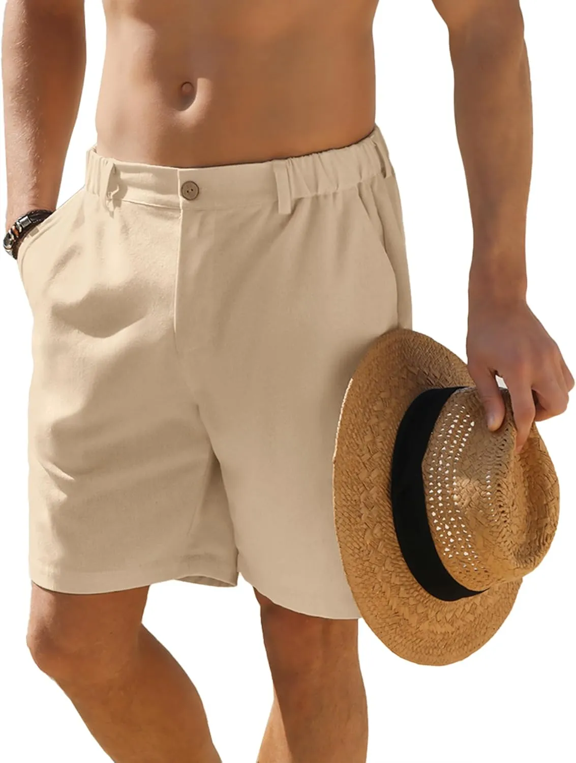 Men's Cotton Linen Shorts Casual Button Elastic Waist Summer Beach Vacation Shorts with Multi-Pocket