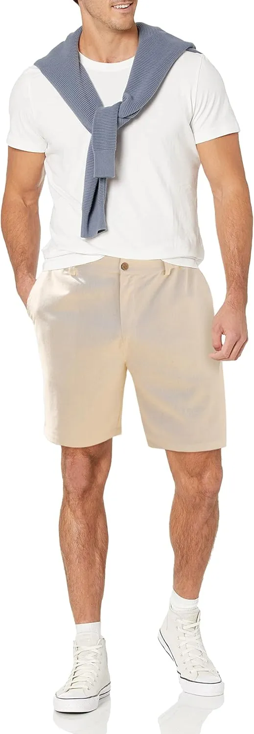 Men's Cotton Linen Shorts Casual Button Elastic Waist Summer Beach Vacation Shorts with Multi-Pocket