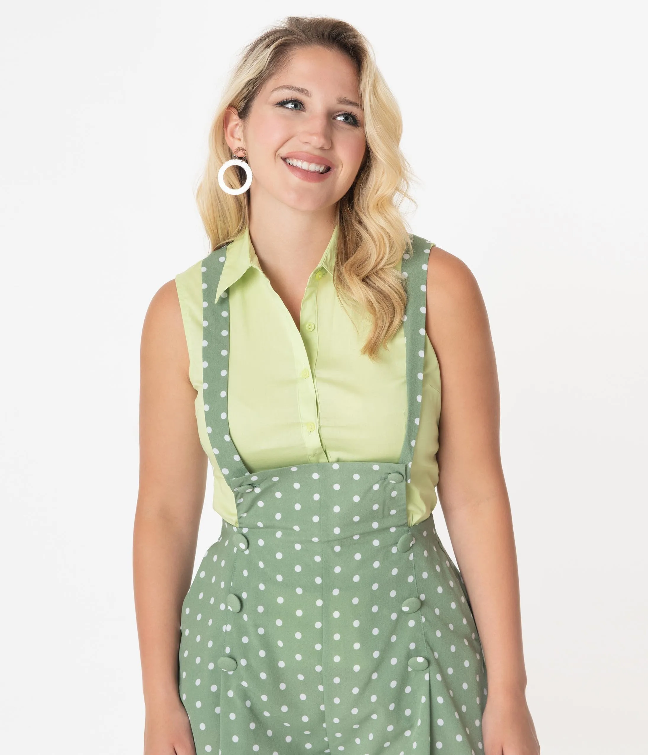 Mint Green Sleeveless Collared Cotton Button Up Blouse