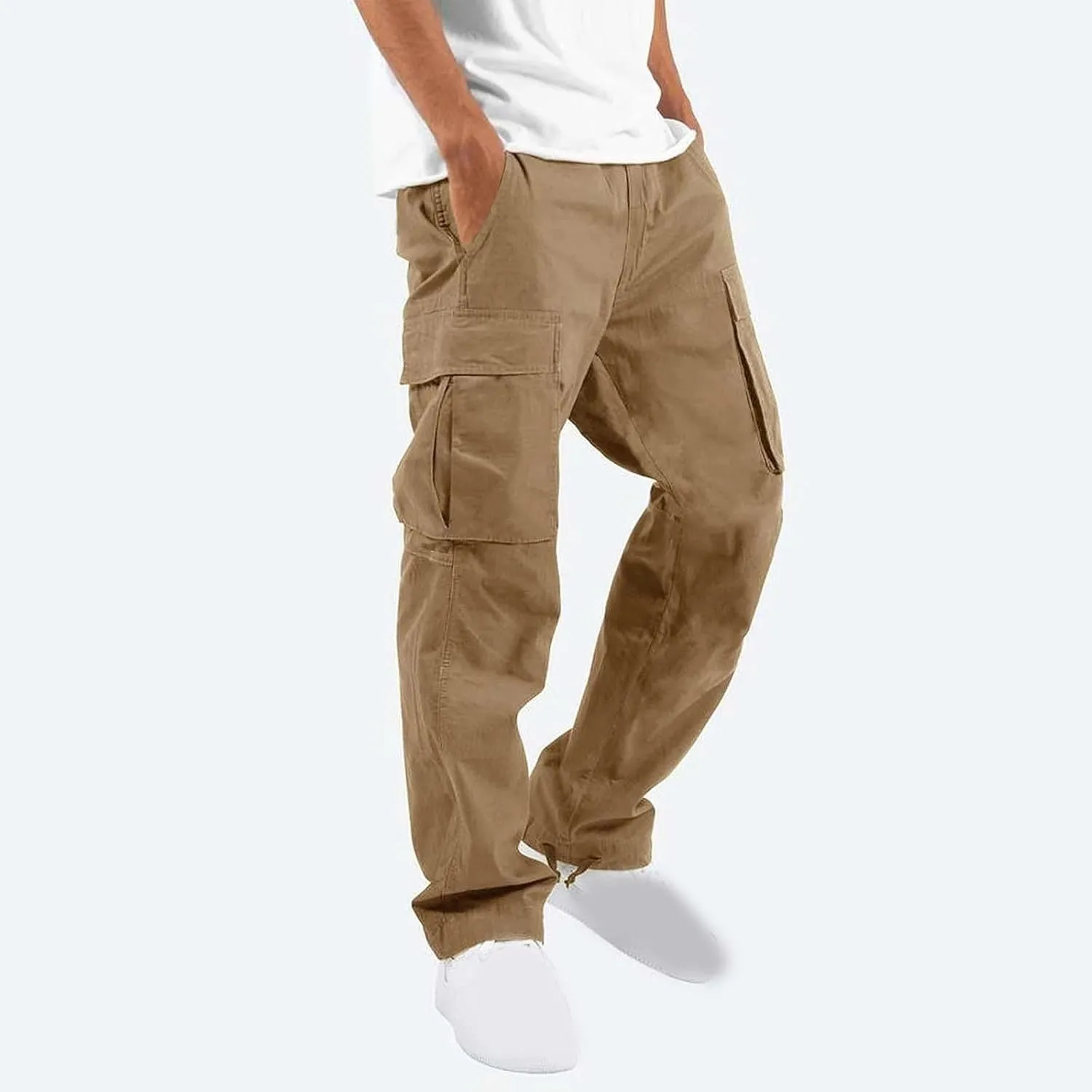 Muscularfit Cargo Pants for Men Big and Tall Elastic Waist Cotton Sweatpants Causal Solid Multi Pockets Joggers Athletic Pant