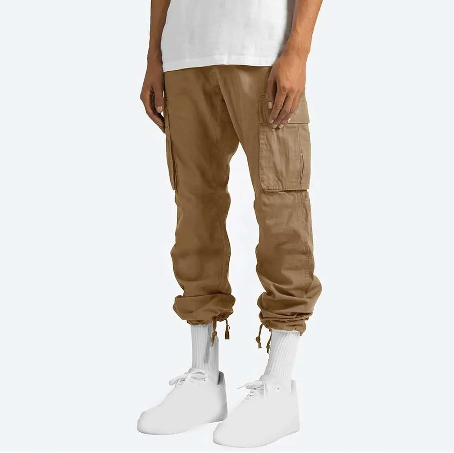 Muscularfit Cargo Pants for Men Big and Tall Elastic Waist Cotton Sweatpants Causal Solid Multi Pockets Joggers Athletic Pant