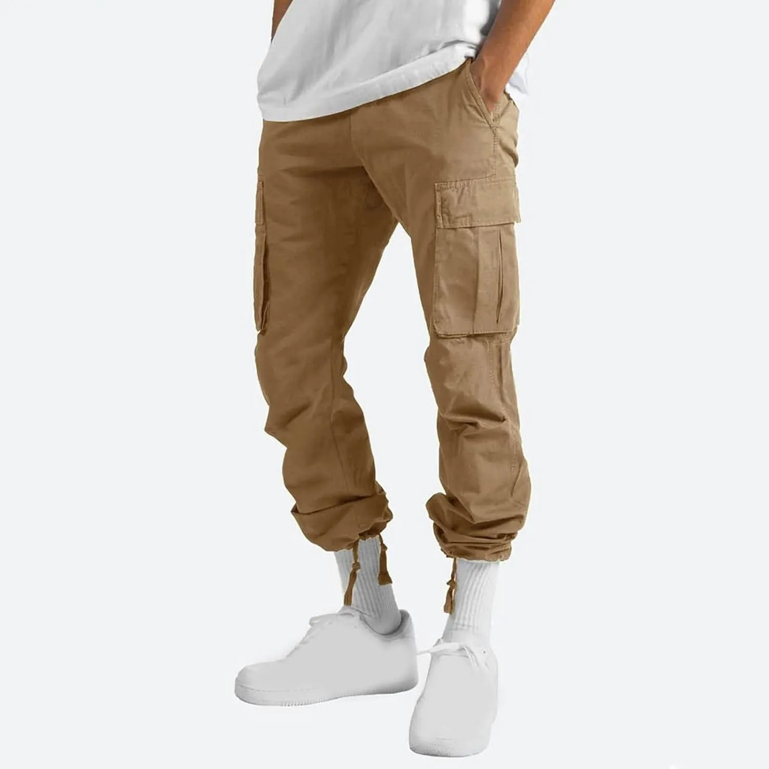 Muscularfit Cargo Pants for Men Big and Tall Elastic Waist Cotton Sweatpants Causal Solid Multi Pockets Joggers Athletic Pant