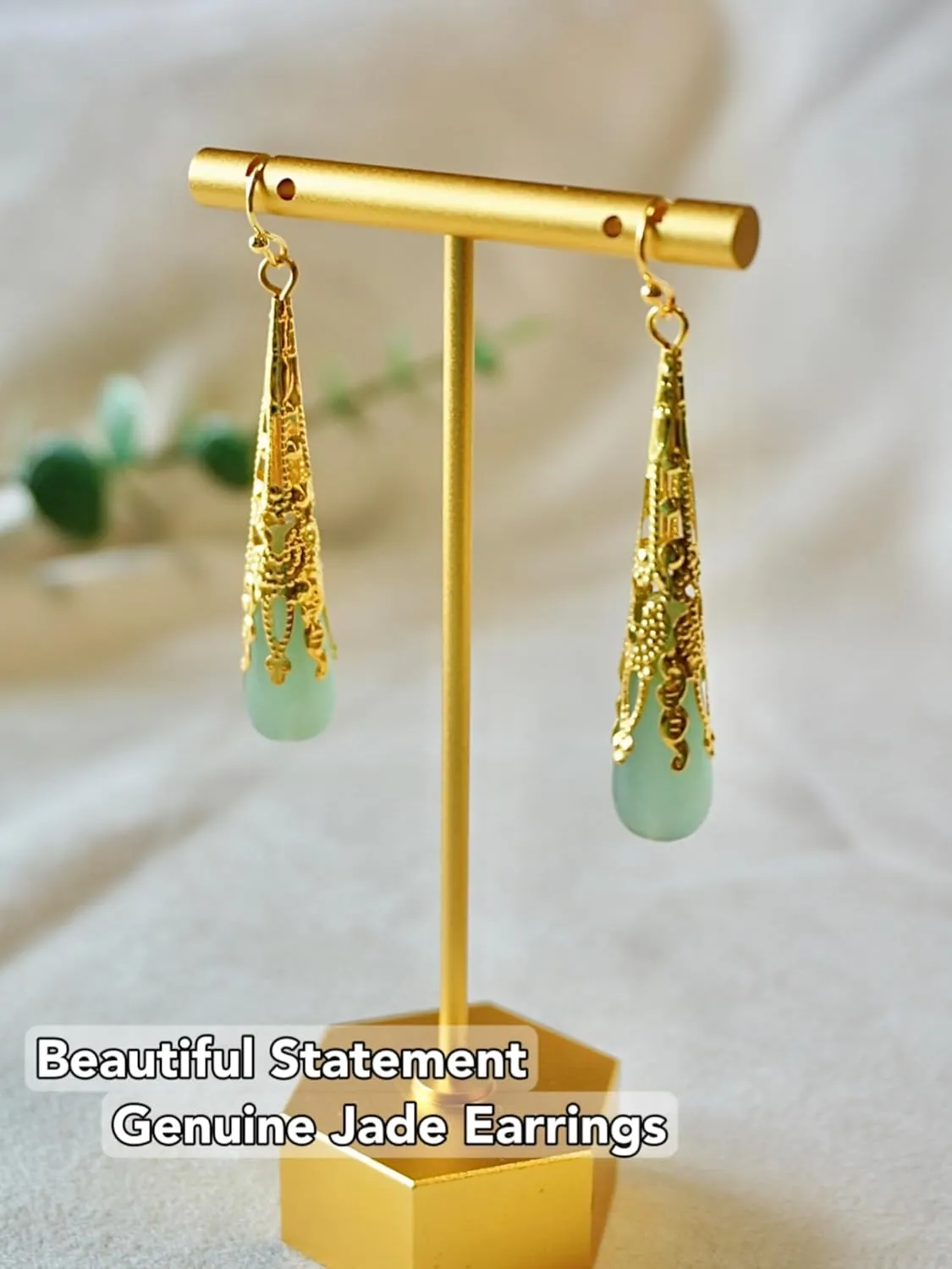 Natural Jade Long Teardrop Statement Earrings, Genuine Green Jade Dangle Earrings in Gold/Silver Plated, Birthstone Jewelry, Gifts for Mom Women Girls (Gold Plated)
