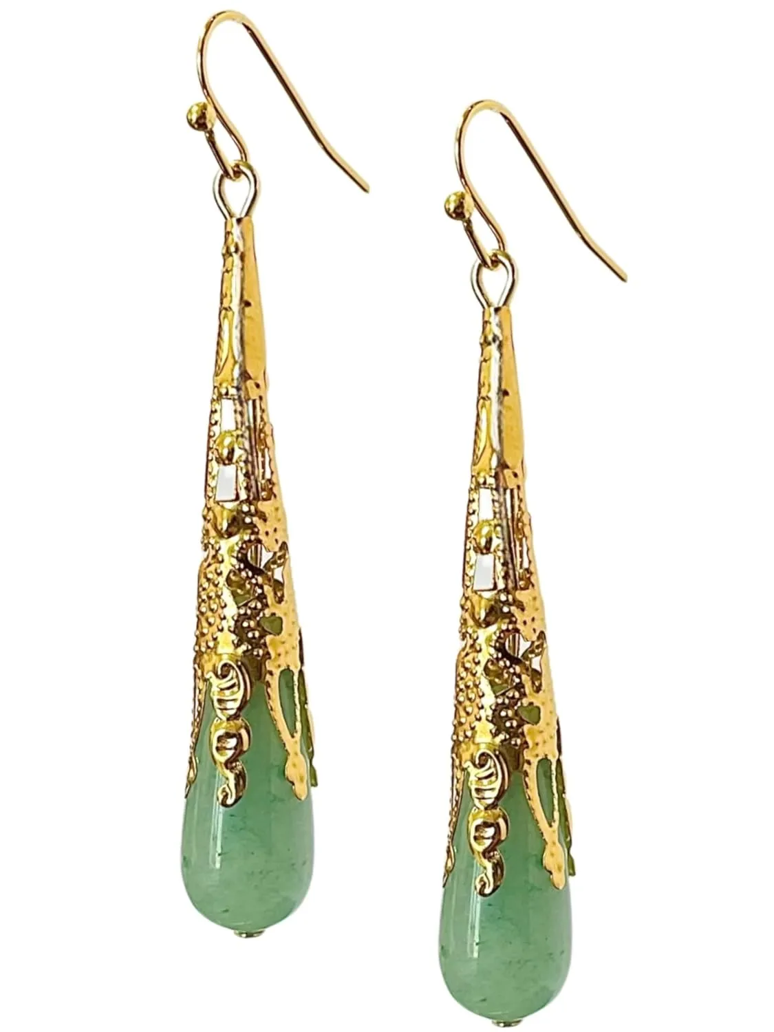 Natural Jade Long Teardrop Statement Earrings, Genuine Green Jade Dangle Earrings in Gold/Silver Plated, Birthstone Jewelry, Gifts for Mom Women Girls (Gold Plated)