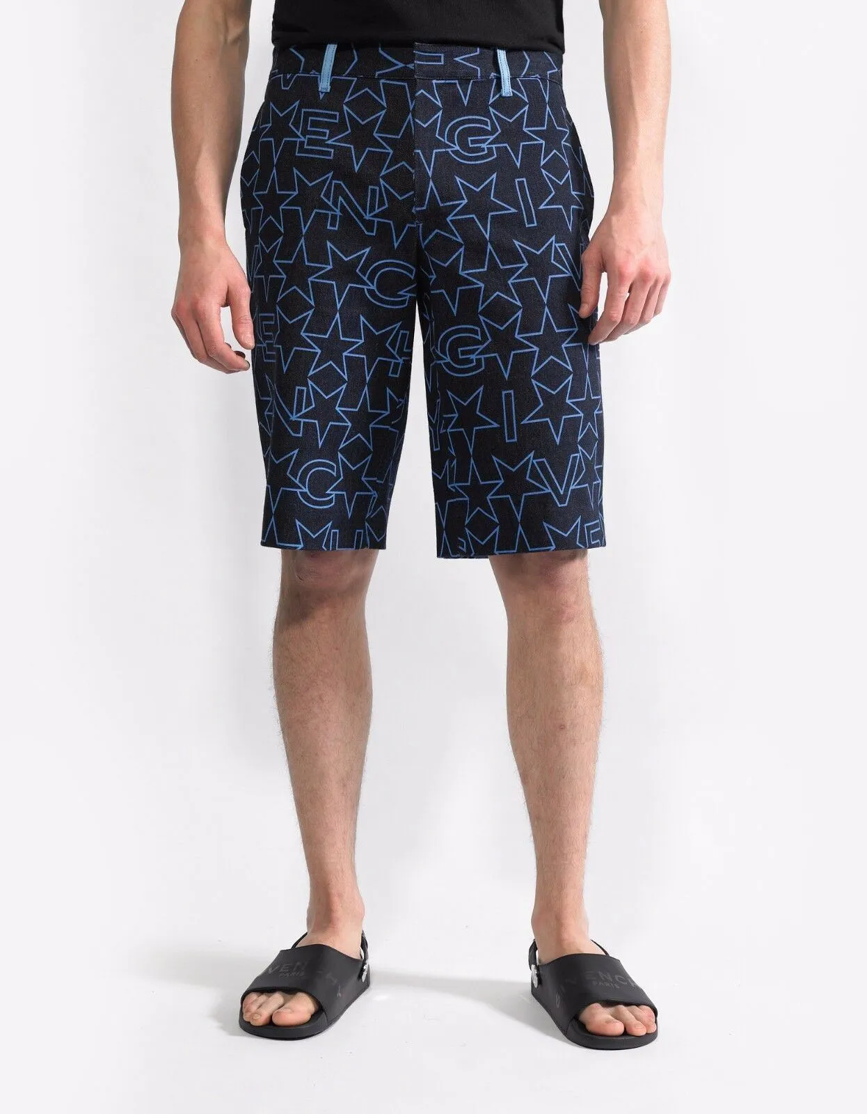 Navy Blue Star Print Denim Bermuda Shorts
