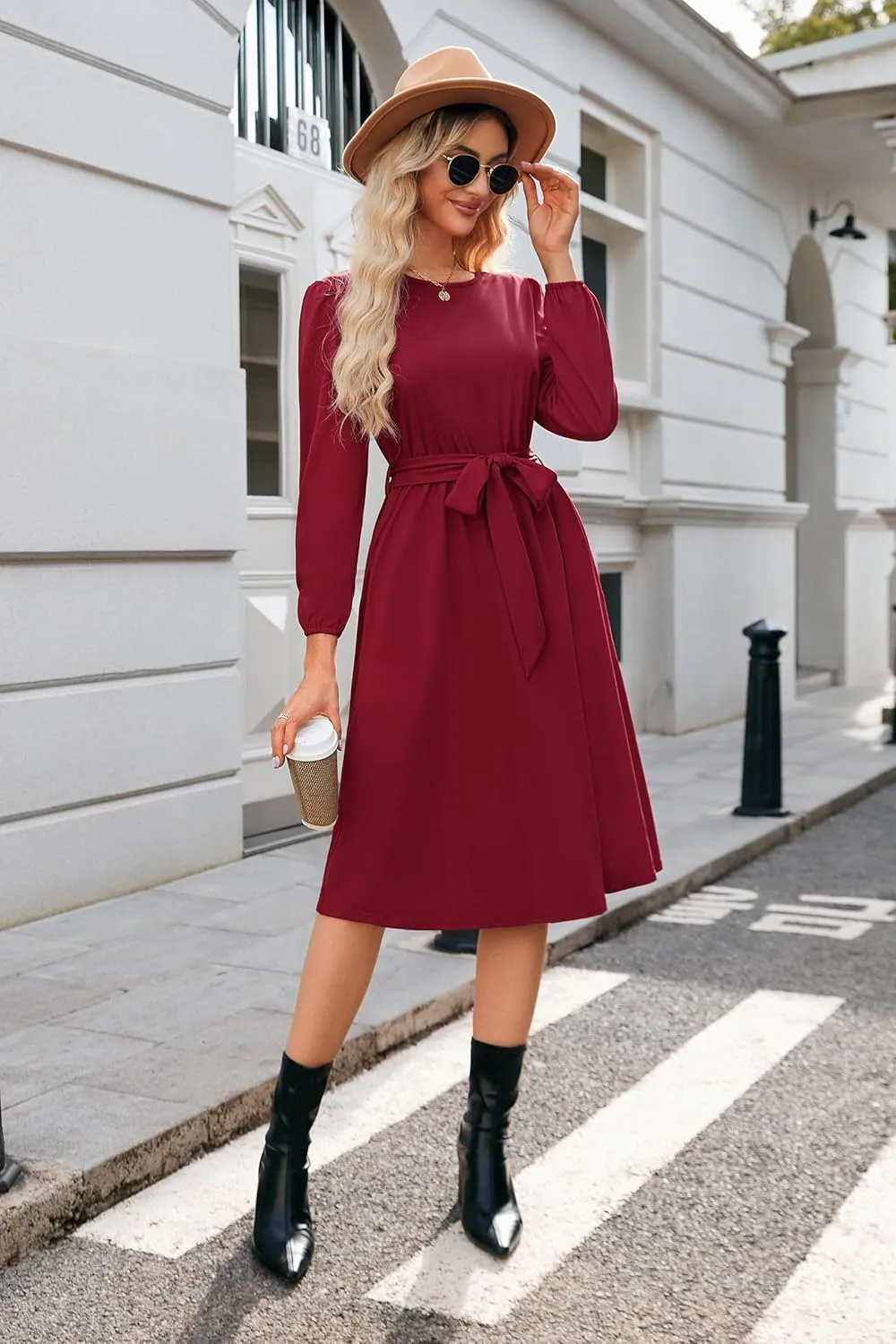 Newshows Womens 2024 Fall Long Sleeve Dress Casual Crewneck Belted A Line Flowy Midi Business Work Teacher Dresses