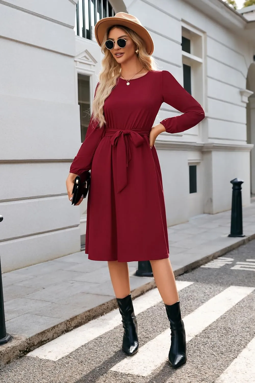 Newshows Womens 2024 Fall Long Sleeve Dress Casual Crewneck Belted A Line Flowy Midi Business Work Teacher Dresses