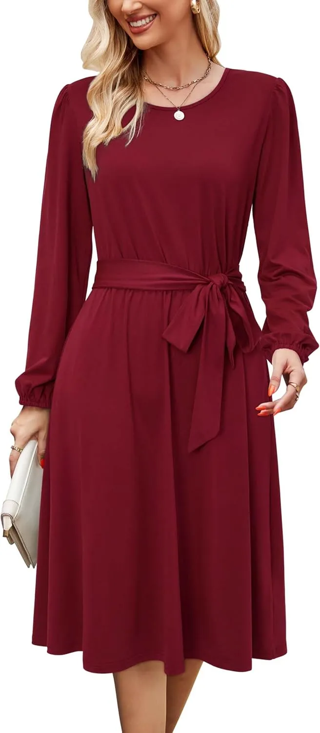 Newshows Womens 2024 Fall Long Sleeve Dress Casual Crewneck Belted A Line Flowy Midi Business Work Teacher Dresses