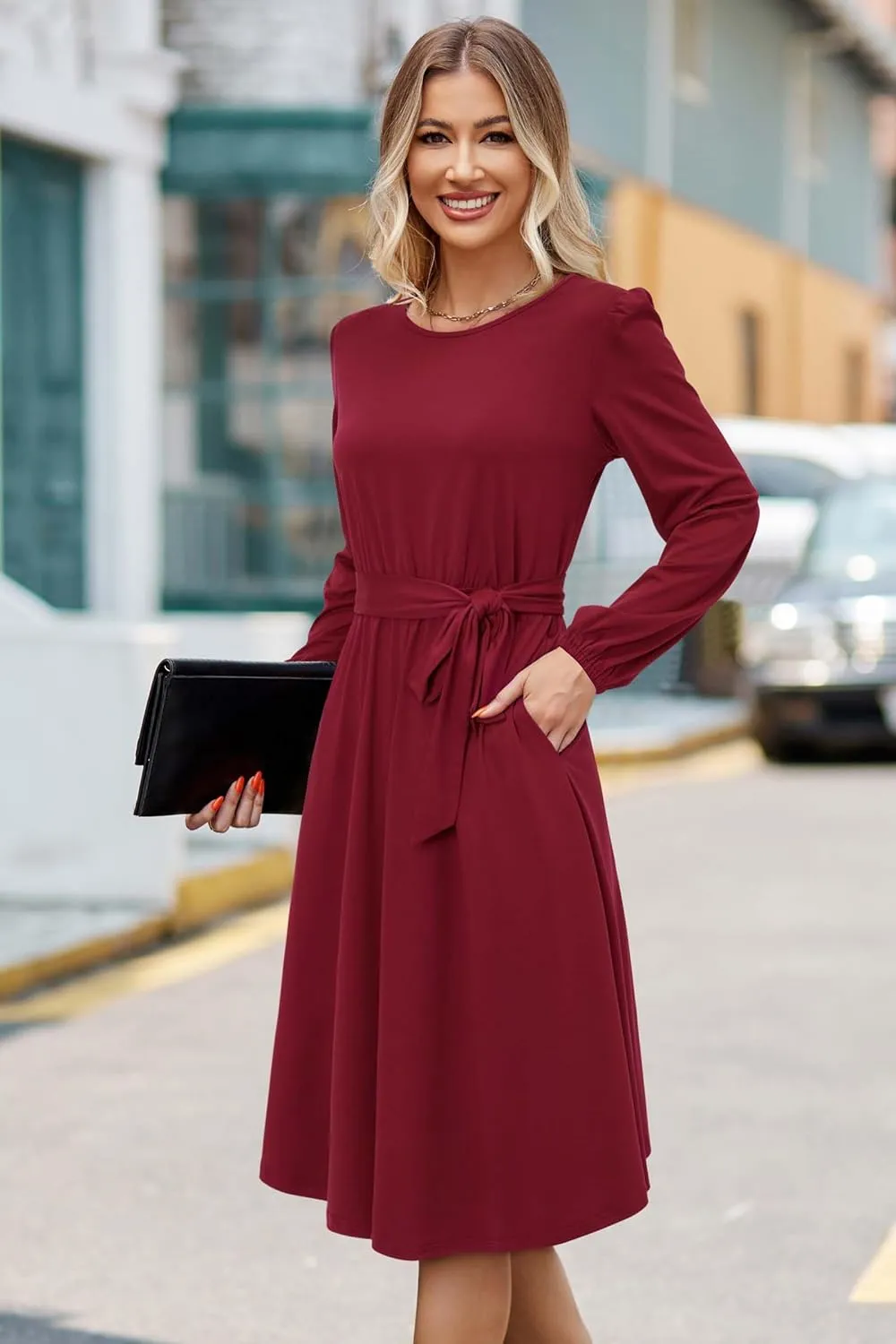 Newshows Womens 2024 Fall Long Sleeve Dress Casual Crewneck Belted A Line Flowy Midi Business Work Teacher Dresses