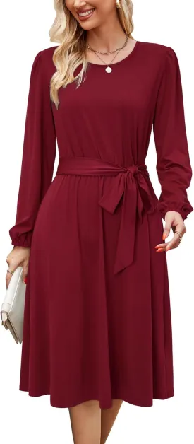 Newshows Womens 2024 Fall Long Sleeve Dress Casual Crewneck Belted A Line Flowy Midi Business Work Teacher Dresses