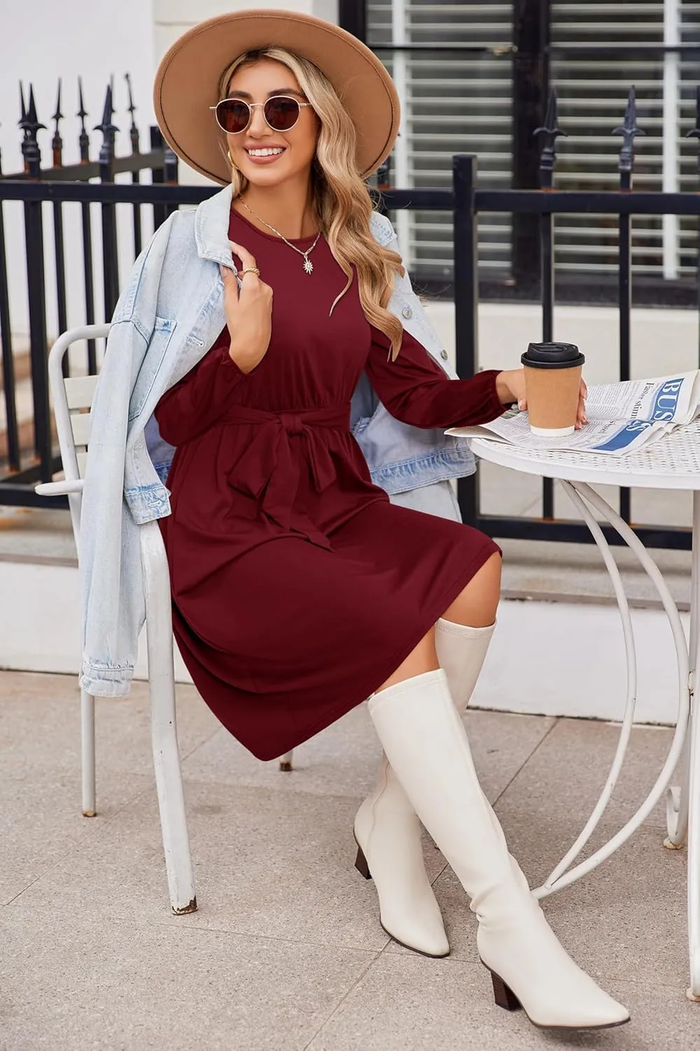 Newshows Womens 2024 Fall Long Sleeve Dress Casual Crewneck Belted A Line Flowy Midi Business Work Teacher Dresses