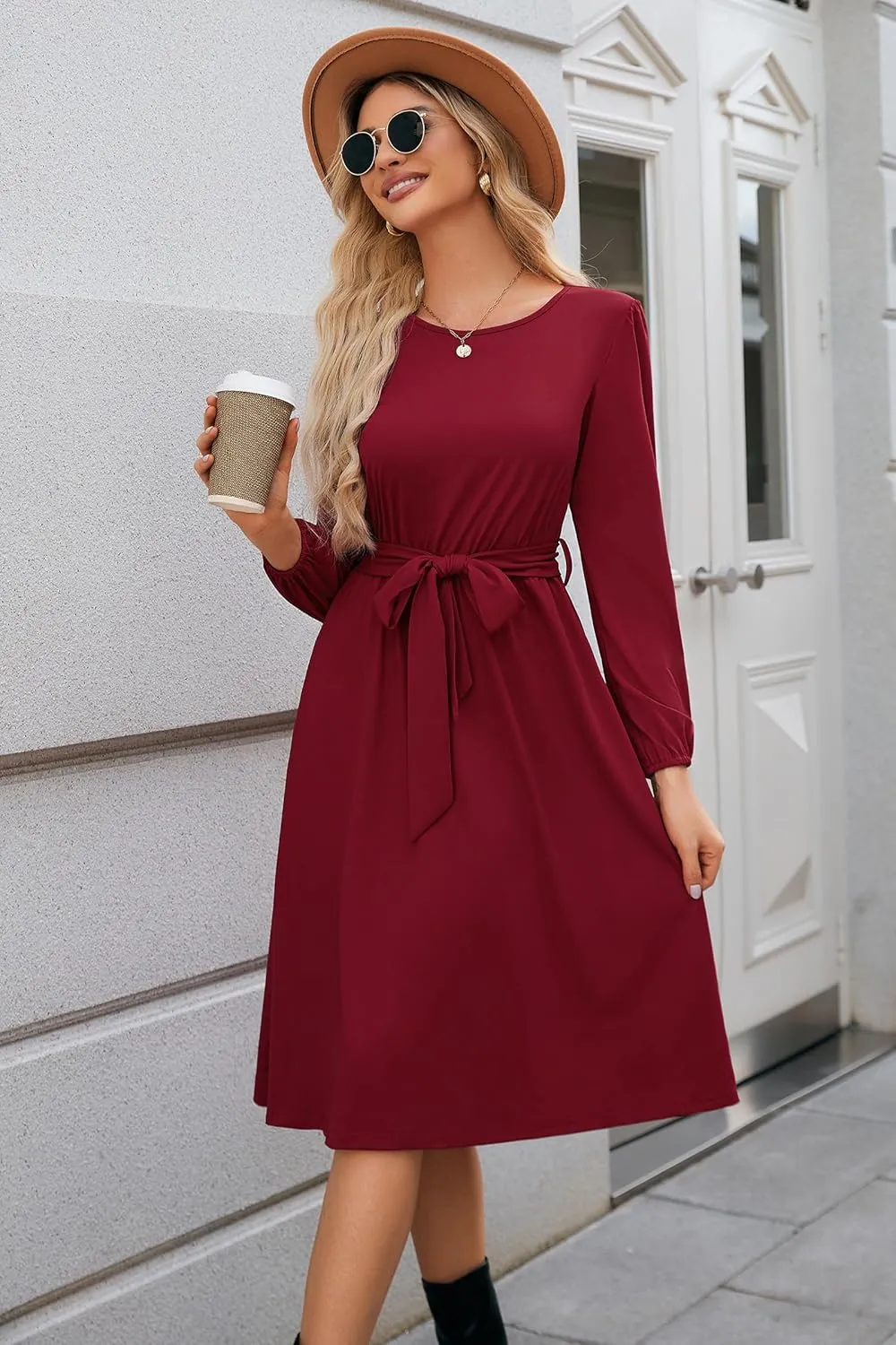 Newshows Womens 2024 Fall Long Sleeve Dress Casual Crewneck Belted A Line Flowy Midi Business Work Teacher Dresses