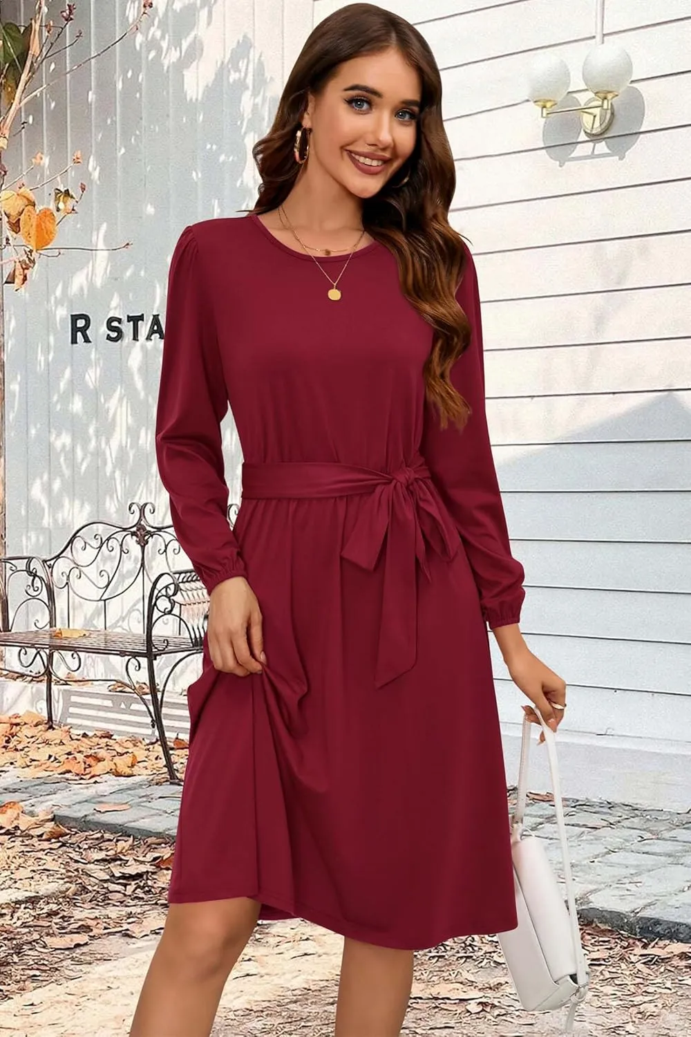 Newshows Womens 2024 Fall Long Sleeve Dress Casual Crewneck Belted A Line Flowy Midi Business Work Teacher Dresses