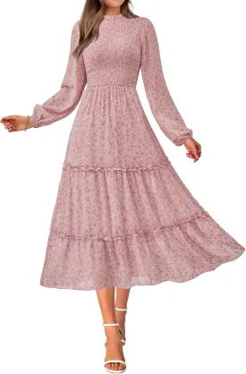 NOLLSOM Women 2025 Spring Dress Floral Boho Dress Casual Long Sleeve Crew Neck Ruffle A-Line Flowy Wedding Guest Maxi Dresses
