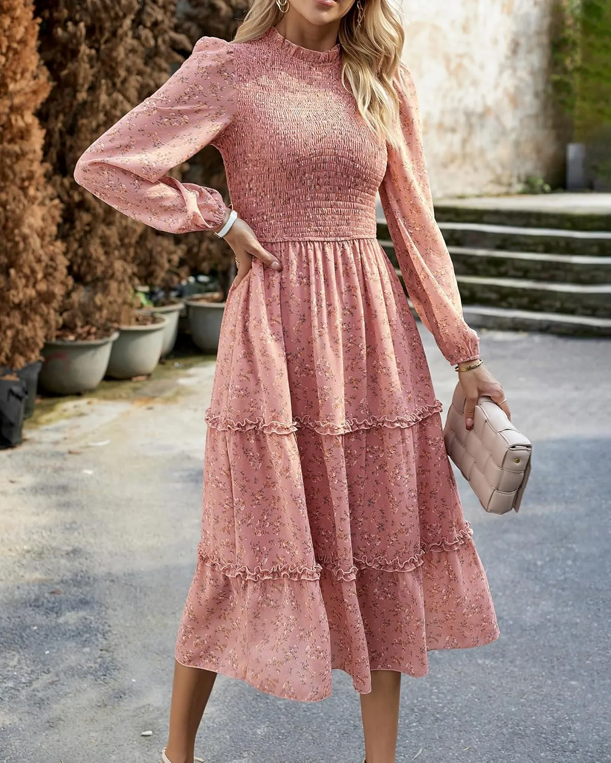 NOLLSOM Women 2025 Spring Dress Floral Boho Dress Casual Long Sleeve Crew Neck Ruffle A-Line Flowy Wedding Guest Maxi Dresses