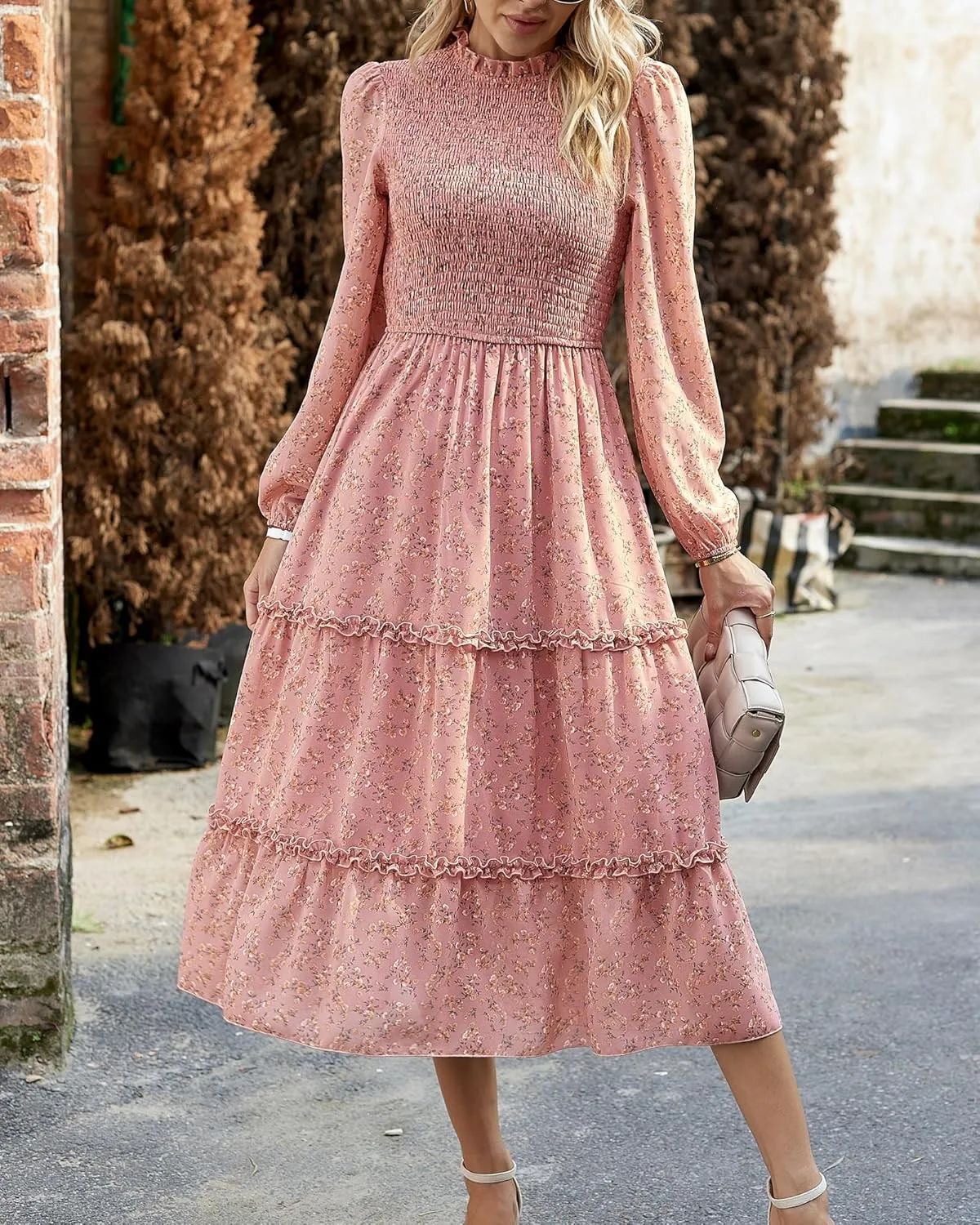 NOLLSOM Women 2025 Spring Dress Floral Boho Dress Casual Long Sleeve Crew Neck Ruffle A-Line Flowy Wedding Guest Maxi Dresses