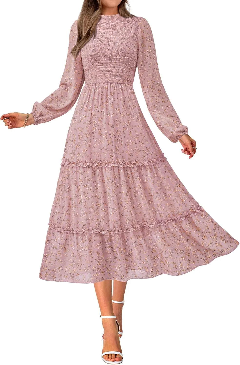 NOLLSOM Women 2025 Spring Dress Floral Boho Dress Casual Long Sleeve Crew Neck Ruffle A-Line Flowy Wedding Guest Maxi Dresses