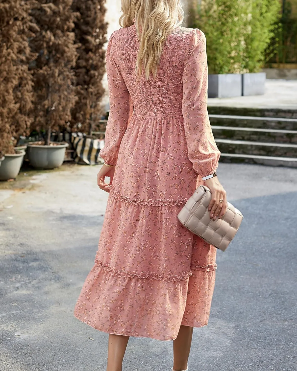 NOLLSOM Women 2025 Spring Dress Floral Boho Dress Casual Long Sleeve Crew Neck Ruffle A-Line Flowy Wedding Guest Maxi Dresses