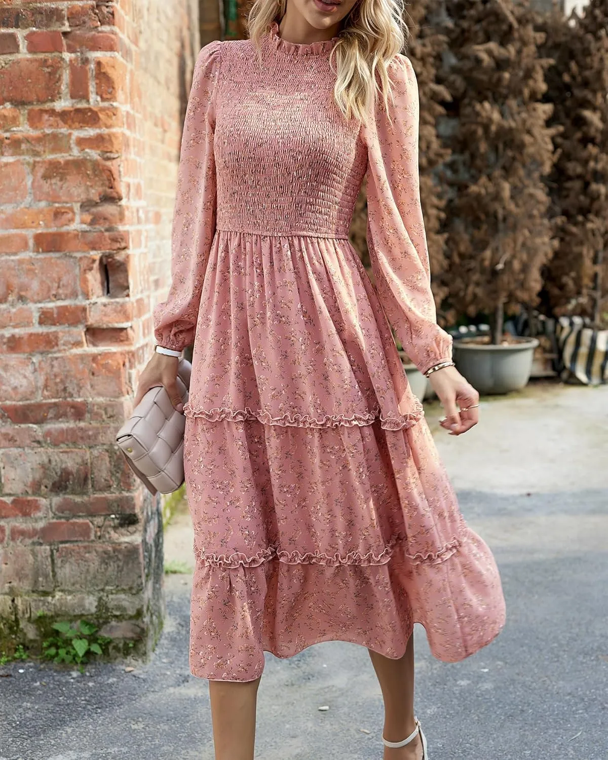NOLLSOM Women 2025 Spring Dress Floral Boho Dress Casual Long Sleeve Crew Neck Ruffle A-Line Flowy Wedding Guest Maxi Dresses