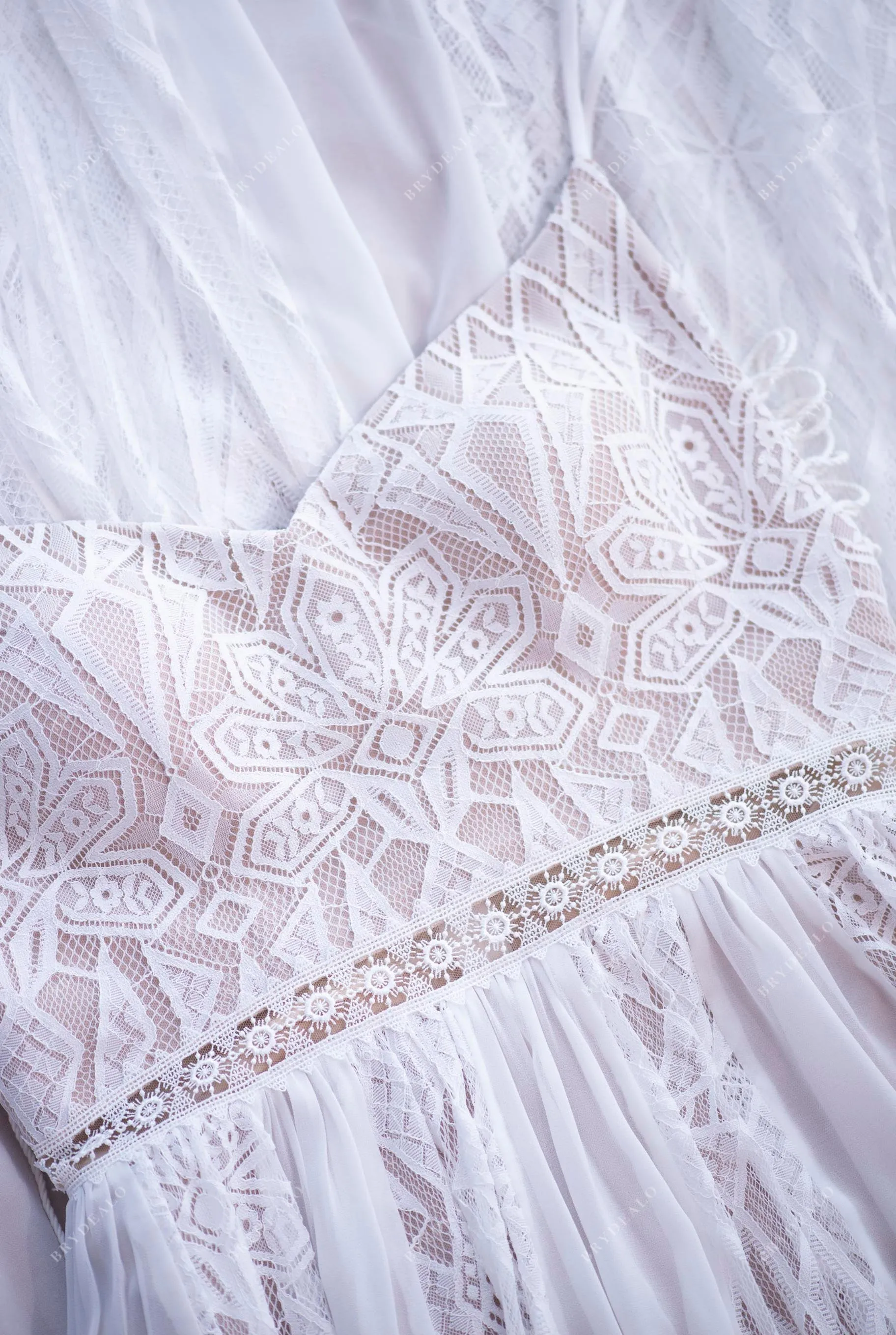 Nude Beige Plus Size Spaghetti Strap V-neck Boho Lace Bridal Gown