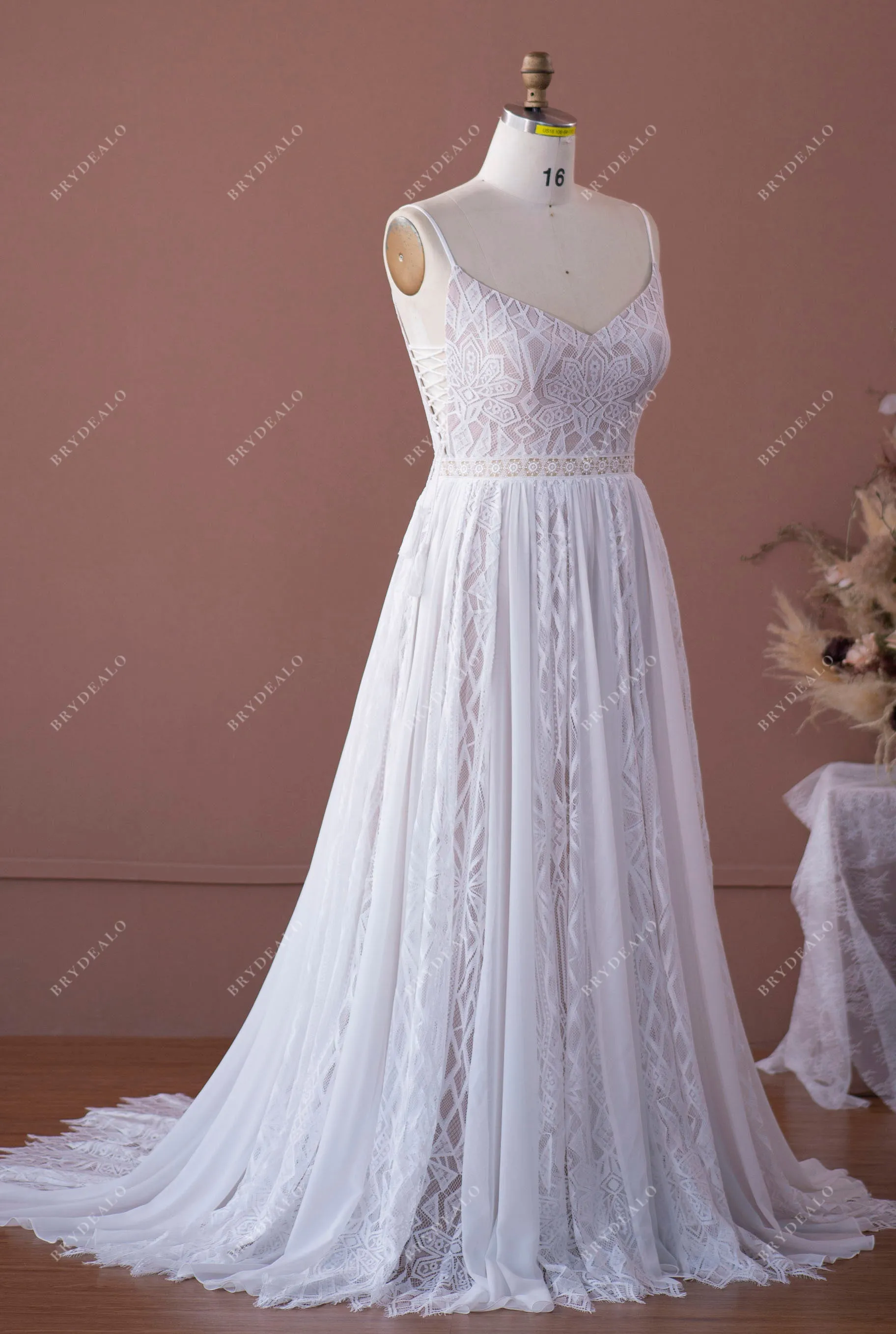 Nude Beige Plus Size Spaghetti Strap V-neck Boho Lace Bridal Gown