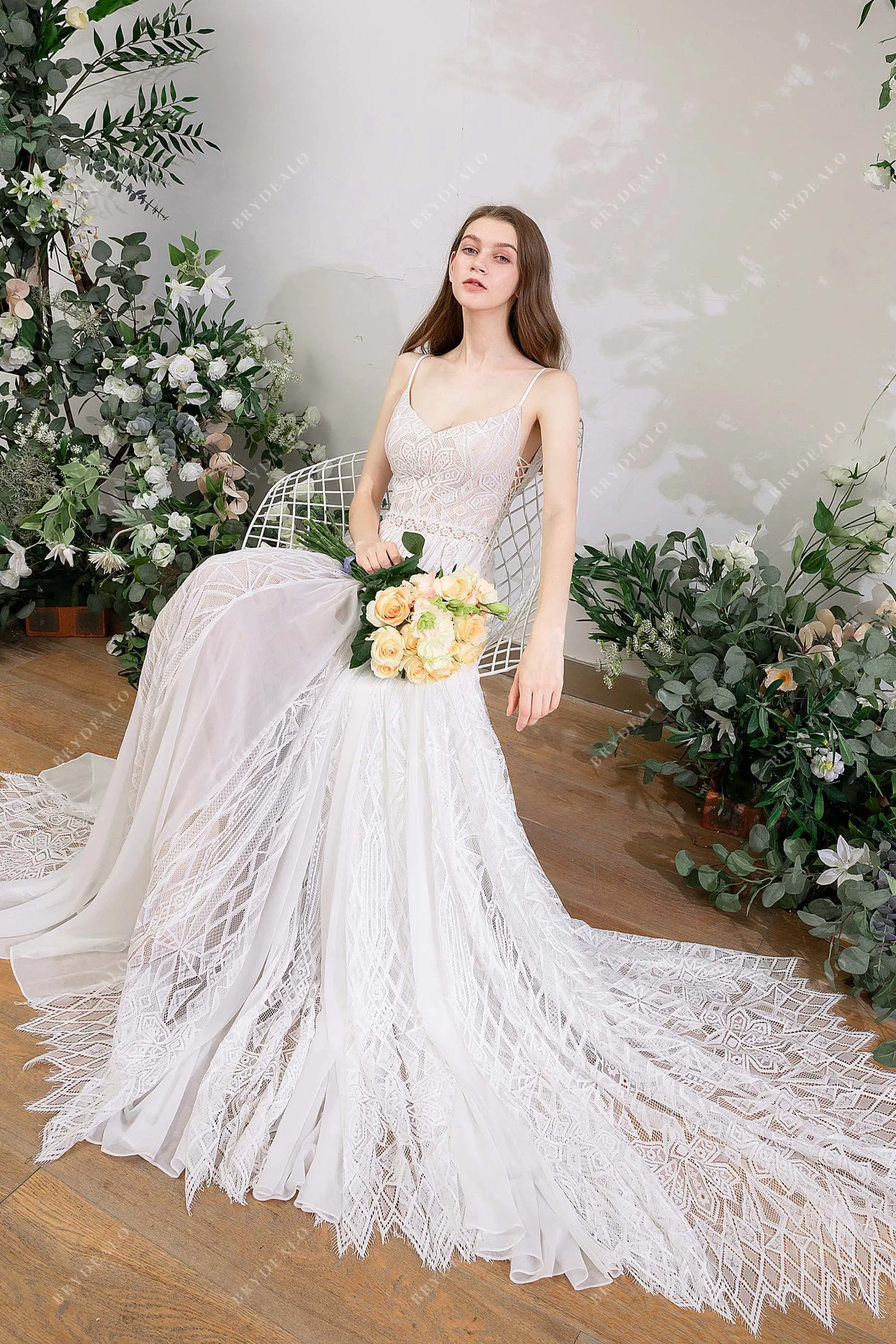 Nude Beige Plus Size Spaghetti Strap V-neck Boho Lace Bridal Gown