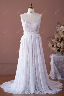 Nude Beige Plus Size Spaghetti Strap V-neck Boho Lace Bridal Gown