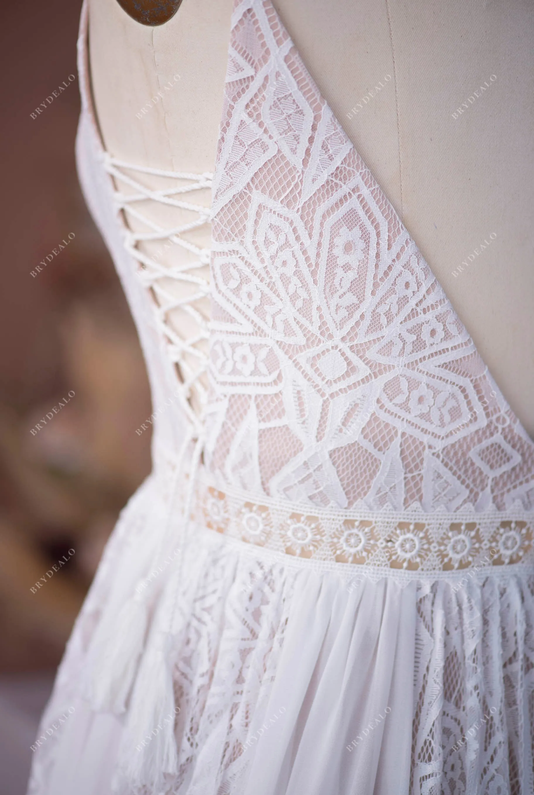 Nude Beige Plus Size Spaghetti Strap V-neck Boho Lace Bridal Gown