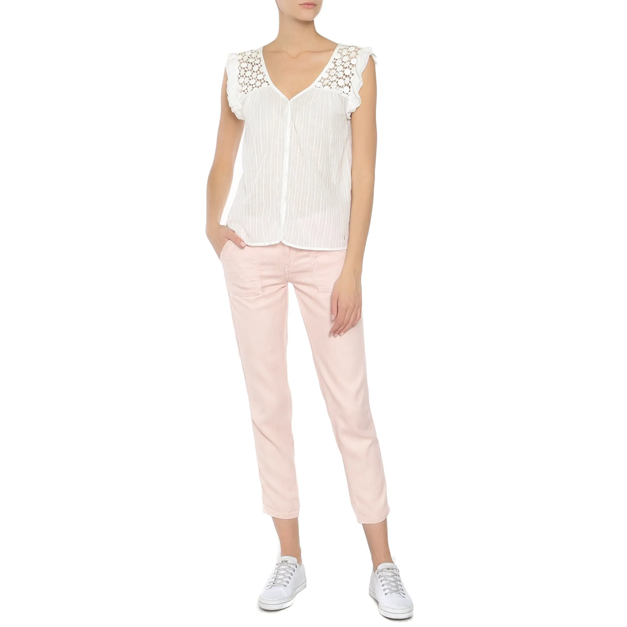 P.E.P.E.J.E.A.N.S - Women 'White' Decorative lace Cotton Sleeveless Blouse PJ1033