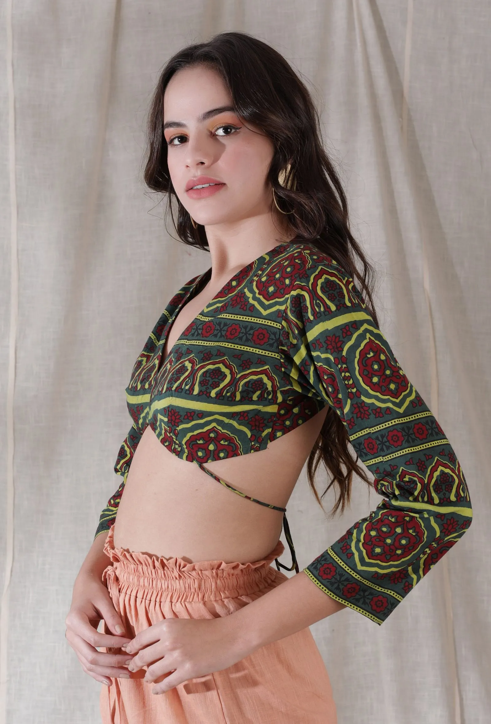 Phitalo green color cotton blockprinted motifs crop top blouse