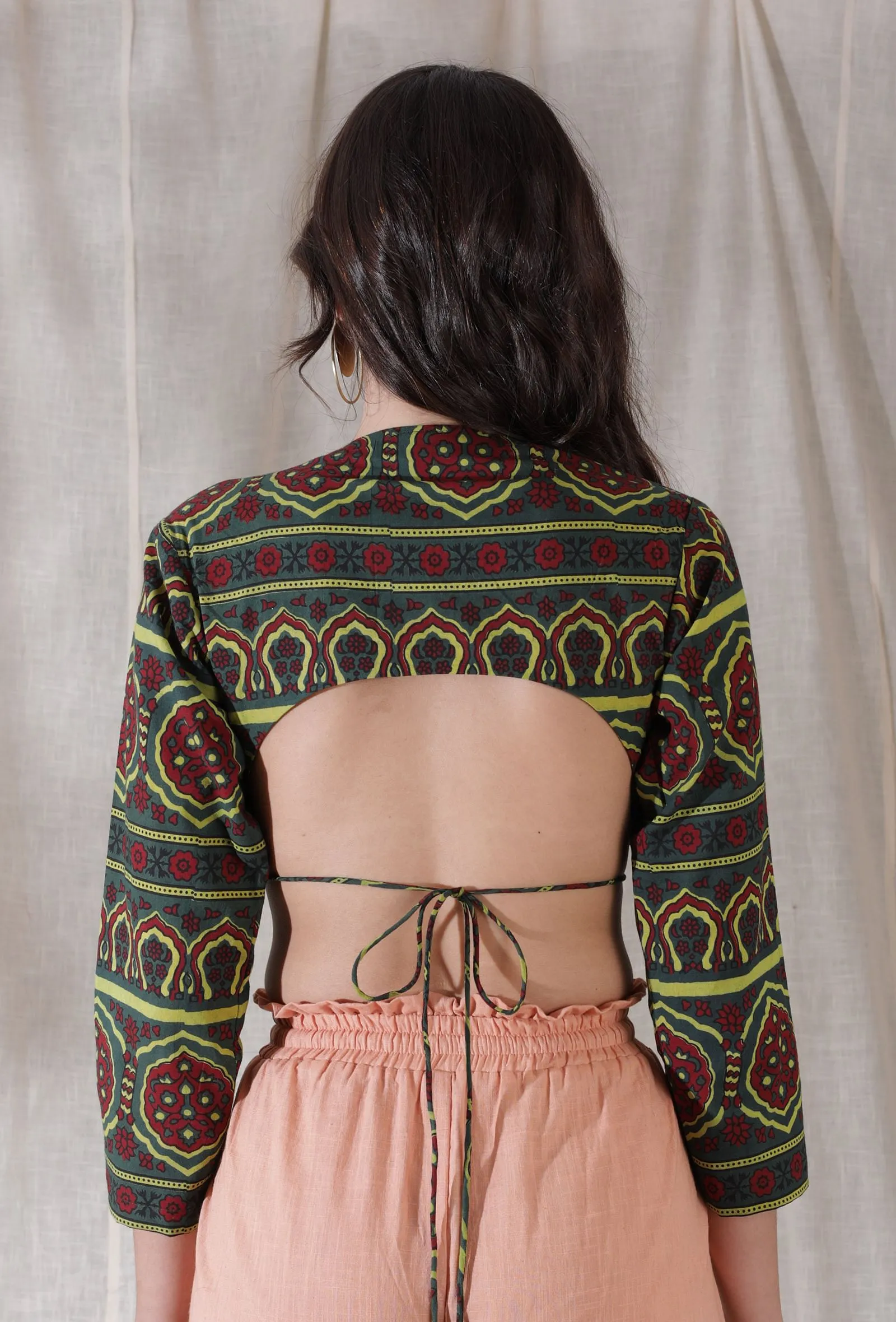 Phitalo green color cotton blockprinted motifs crop top blouse